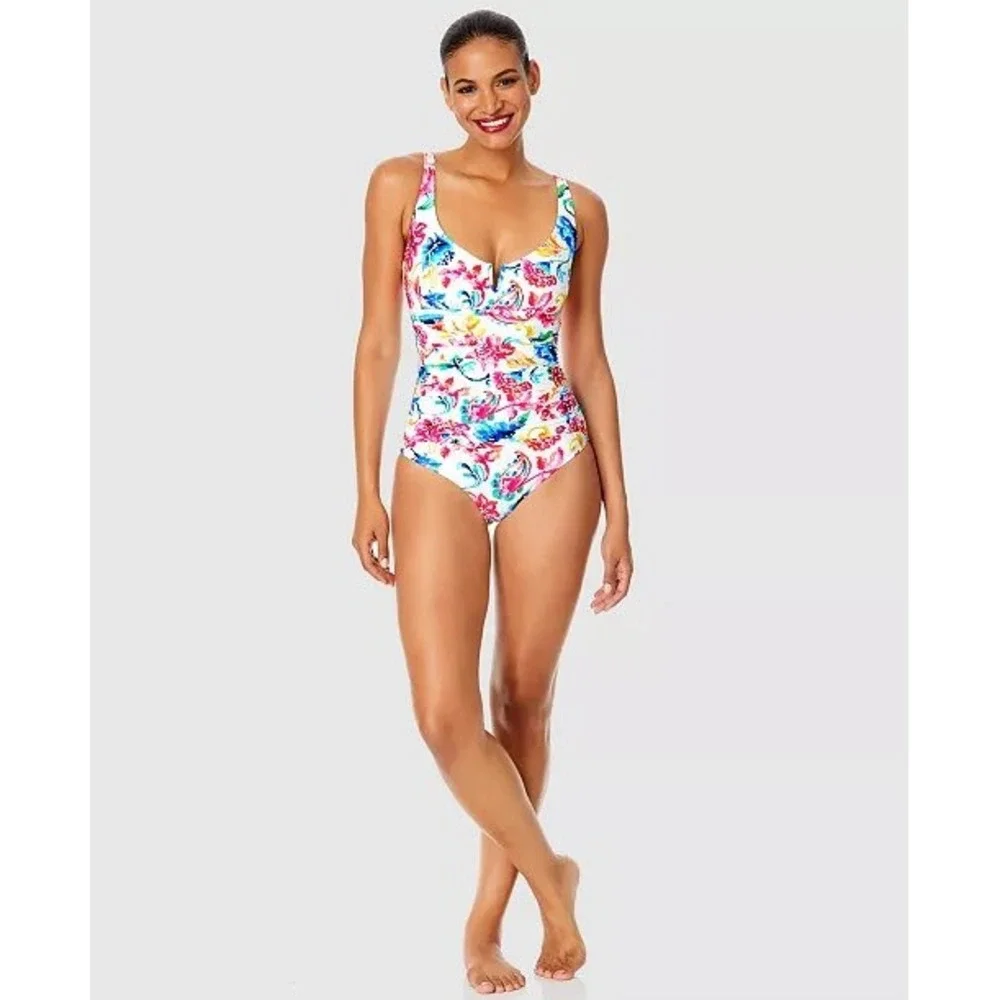 Anne Cole Womens Floral Paisley Ruched One Piece Swimsuit White‎ Multi Color 12
